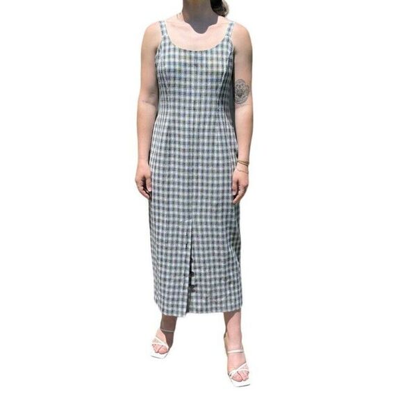 Vintage 1990s Womens Black White Plaid Checkered A Line Modern Maxi Dress Sz L - Picture 1 of 8
